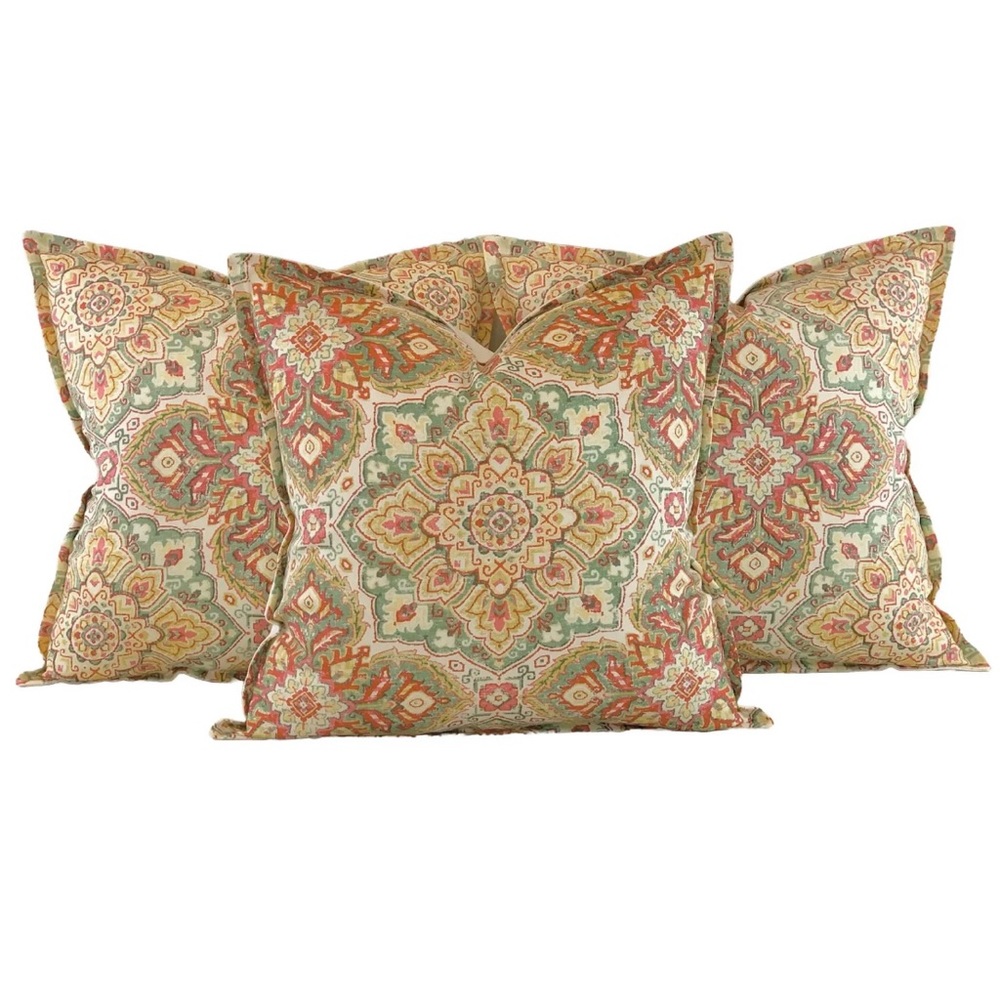 3 Pc P Kaufmann Waverly Coral Green Yellow Ikat Suzani Medallion Pillow Covers